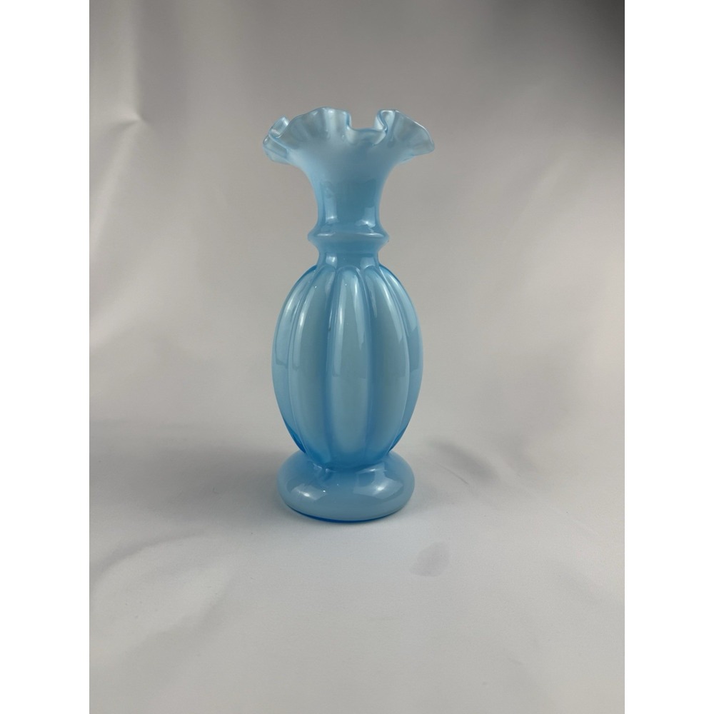 Fenton Art‎ Deco Blue Overlay 8.5" Crimped Ruffled Melon Glass Vase